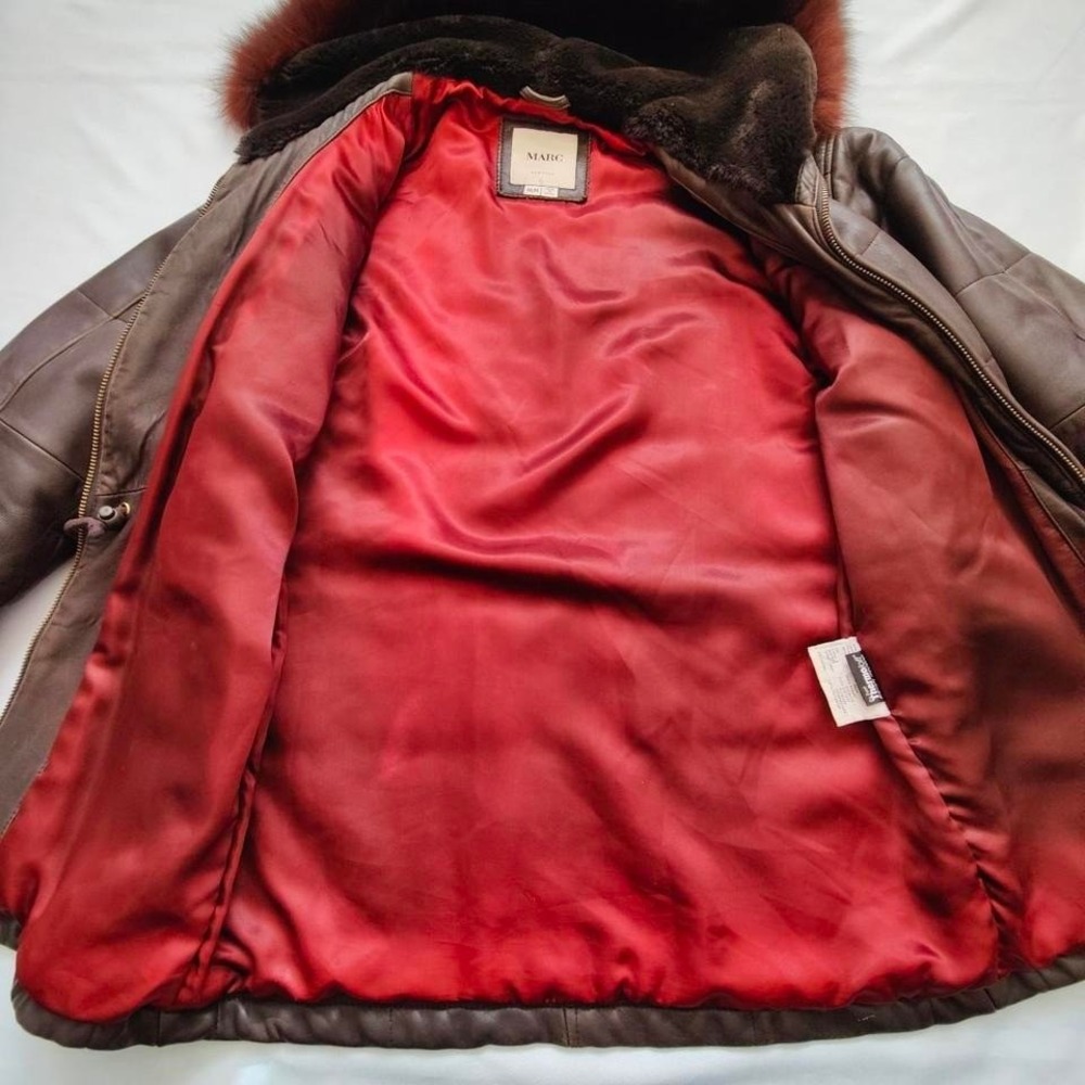 Vintage Marc New York Brown Leather Quilted Coat Fox Fur Trim Insulated Womens M - Picture 2 of 8